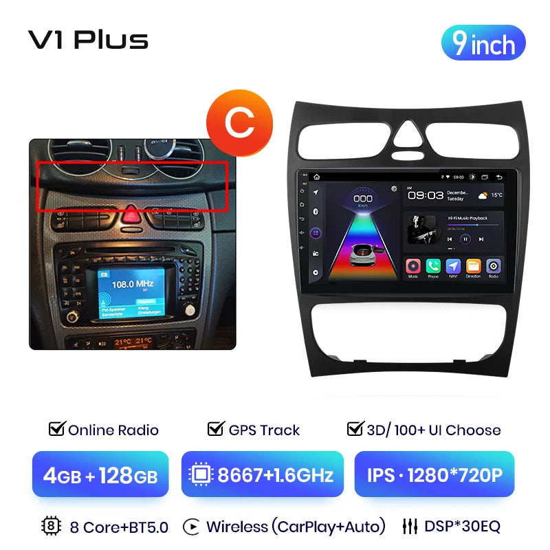 Junsun V3 Plus 2K CarPlay Android Auto Auto Intelligente Systeme für Mercedes Benz C Klasse CLK Klasse W203 W209 S203 A209 2000-2005 