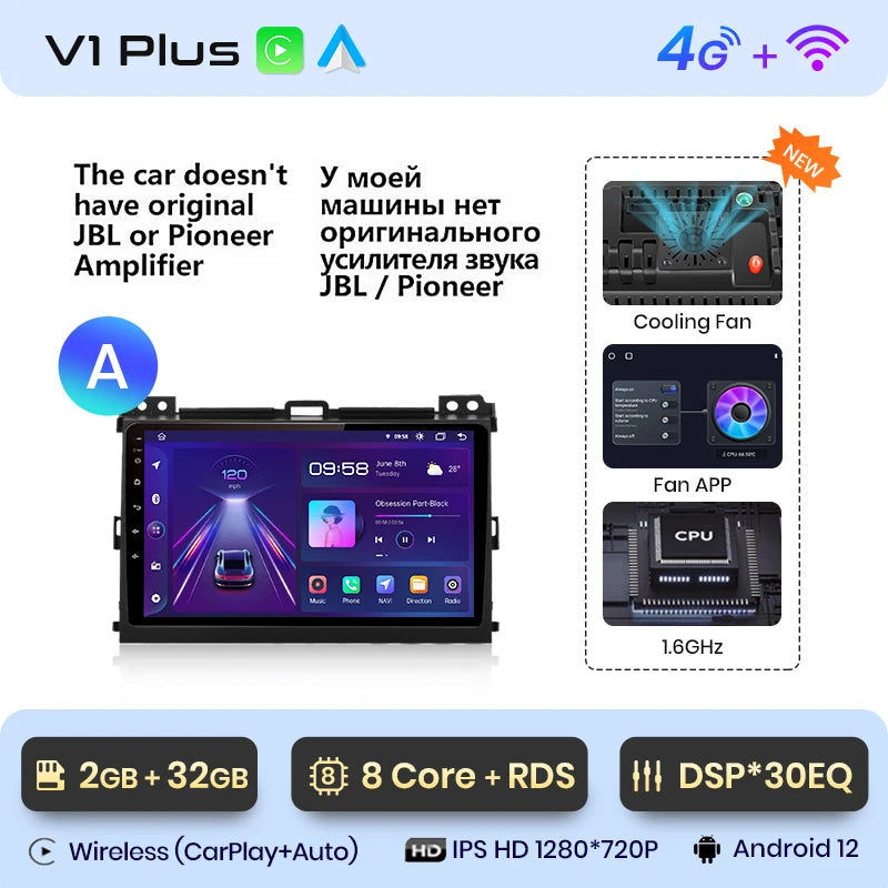 Junsun V1 Drahtlose CarPlay Android Auto Radio Für Toyota Land Cruiser Prado 120 2004 - 2009 4G Auto Multimedia GPS 2din autoradio 
