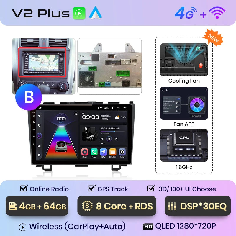 4 Core 64G Car Stereo For Honda CRV 2007-2011, Wireless Carplay Android Auto, 9 Inch Android 13 Touch Screen Radio Support GPS, WiFi, Bluetooth, SWC, EQ, Backup Camera