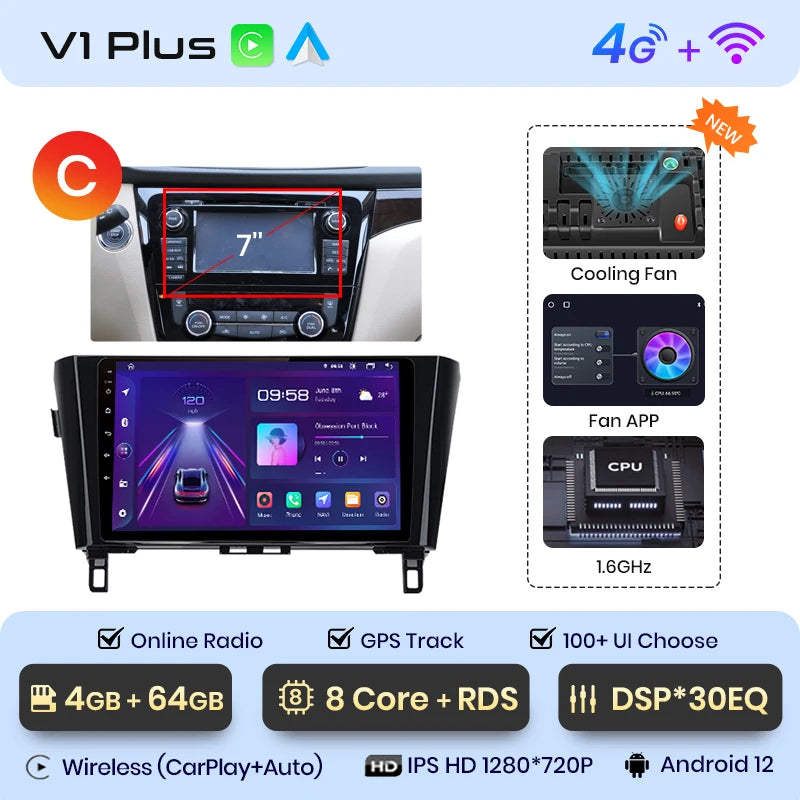 Junsun V1 - Radio inalámbrica con CarPlay y Android para Nissan Qashqai J11 X-Trail 3 T32 (2013-2017), GPS, 2DIN 