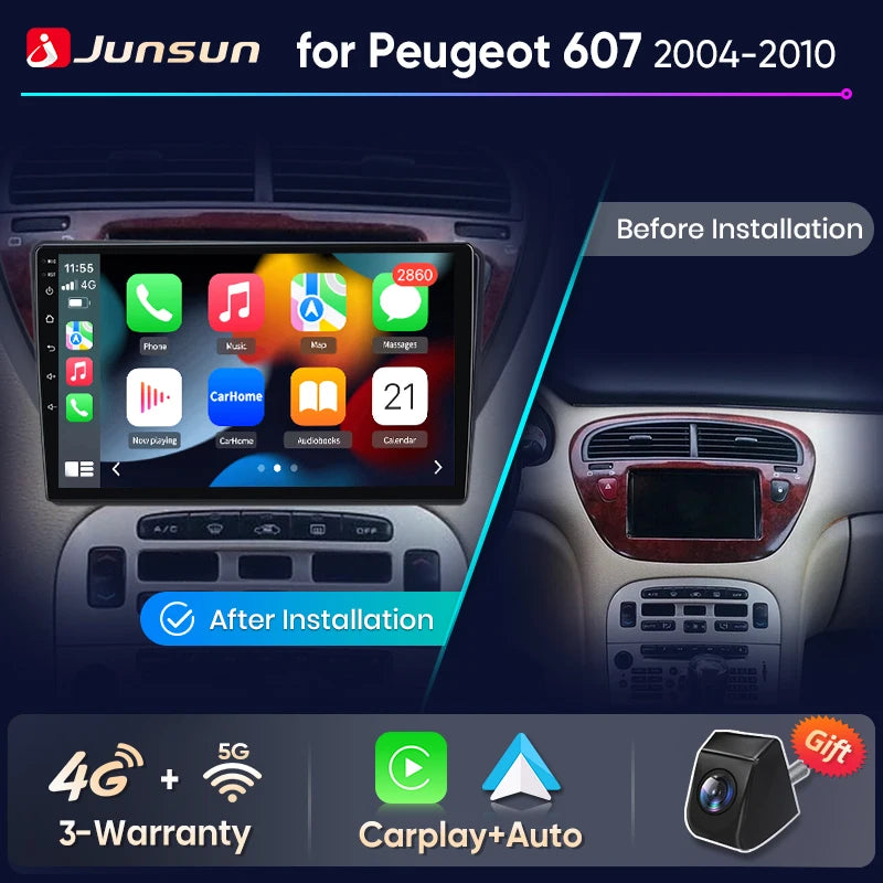 Junsun Wireless CarPlay Car Radio For Peugeot 607 2004 2005 2006 2007 2008-2010 Android Multimedia