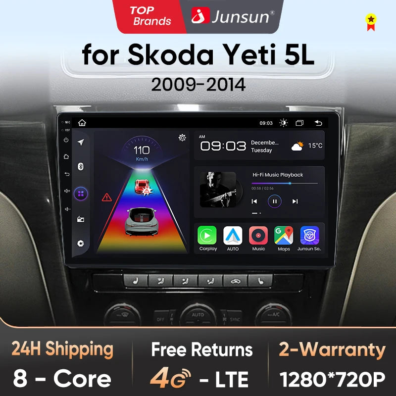 Radio Junsun V1 Plus para coche SKODA Yeti 5L 2009-2014 con CarPlay inalámbrico, Android Auto, sistema inteligente para coche, 2 DIN, DVD. 