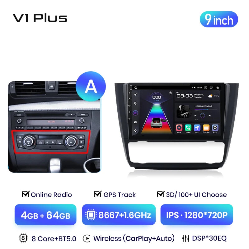 Junsun V3 Plus 2K CarPlay inalámbrico Android Auto Sistemas inteligentes para BMW Serie 1 E87 E81 E82 E88 2004-2011 Autoradio 