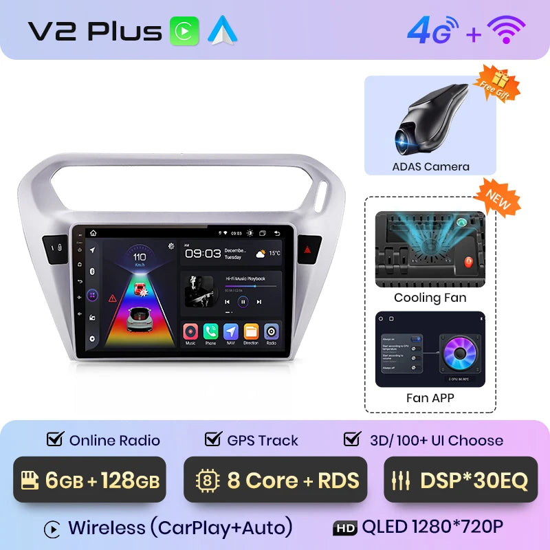 Radio Junsun V1 Plus para Peugeot 301 y Citroën Elysee (2013-2018), inalámbrica, CarPlay, Android Auto, 2 DIN, DVD. 