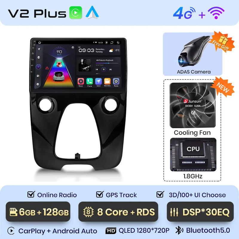 Radio Junsun V1 Plus para Peugeot 108, Citroën C1 y Toyota Aygo (2014-2021), inalámbrica, CarPlay, Android Auto, 2 DIN, DVD.