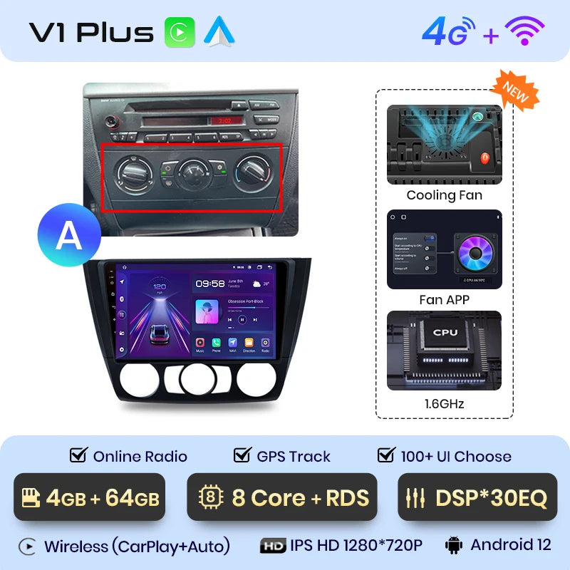 Junsun V1 AI Voice - Radio inalámbrica CarPlay Android Auto para BMW Serie 1, Serie 1, E87, E81, E82, E88 (2004-2011), 4G, GPS multimedia para coche 