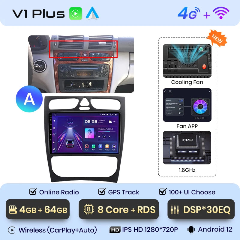 Radio para coche Junsun CarPlay Android Auto para Mercedes Benz Clase C Clase CLK W203 W209 S203 A209 2000-2005 Sistemas inteligentes Auto 