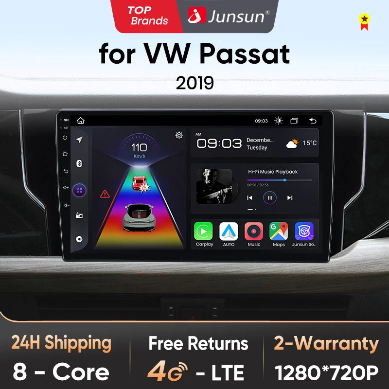 Junsun CarPlay inalámbrico Android Auto Radio para VOLKSWAGEN PASSAT 2019 Sistemas inteligentes para coche RDS BT WiFi 2 DIN 