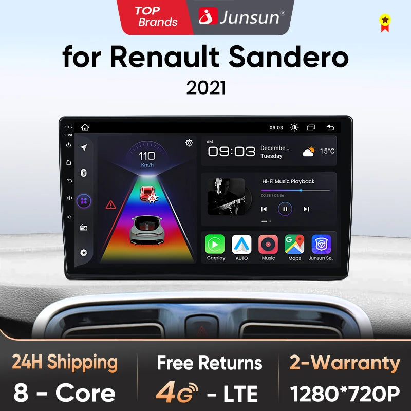 Junsun CarPlay inalámbrico Android Auto Radio para Renault Sandero 2021 Sistemas inteligentes para coche RDS BT WiFi 2 DIN 