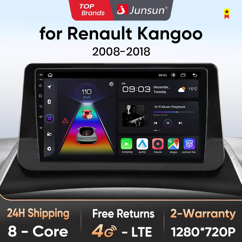 Radio de coche Junsun Wireless CarPlay Android Auto para Renault Kangoo 2008, 2009, 2010, 2011, 2012-2018, sistemas inteligentes multimedia 