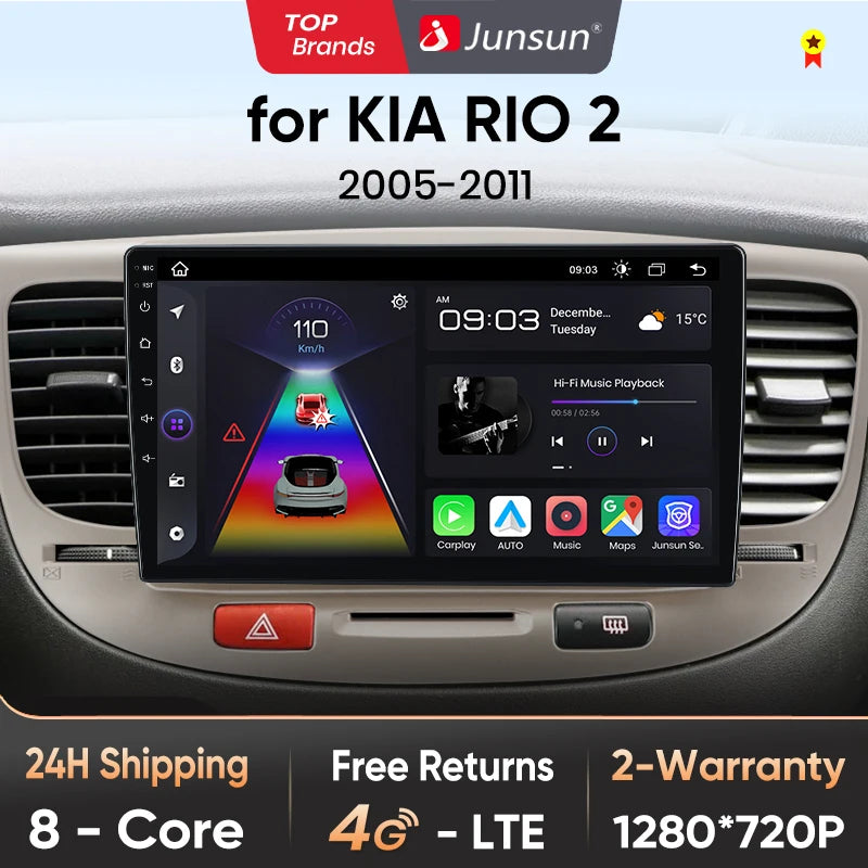 Radio Junsun V1 Plus para Kia RIO 2 2005-2011 con CarPlay inalámbrico, Android Auto, sistema inteligente para coche, 2 DIN, DVD. 