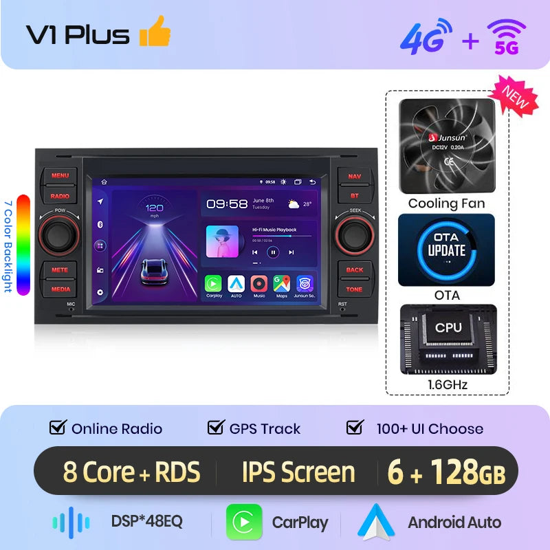 Junsun Wireless CarPlay Car Radio for Ford Focus Mondeo Fiesta Transit Kuga C-Max S-Max Galaxy Android Multimedia