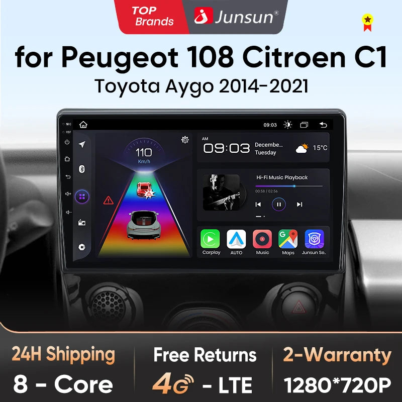 Radio Junsun V1 Plus para Peugeot 108, Citroën C1 y Toyota Aygo (2014-2021), inalámbrica, CarPlay, Android Auto, 2 DIN, DVD.