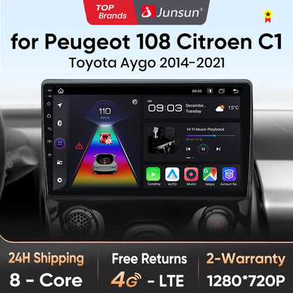 Radio Junsun V1 Plus para Peugeot 108, Citroën C1 y Toyota Aygo (2014-2021), inalámbrica, CarPlay, Android Auto, 2 DIN, DVD.