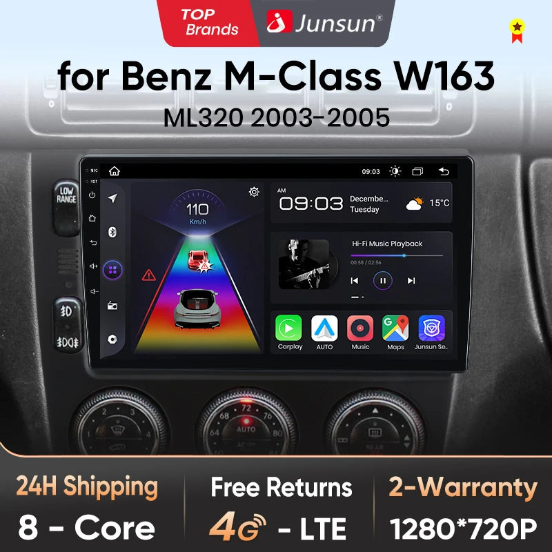 Radio Junsun V1 Plus para Mercedes Benz Clase M W163 ML (1998-2006), inalámbrica, CarPlay, Android Auto, 2 DIN, DVD. 