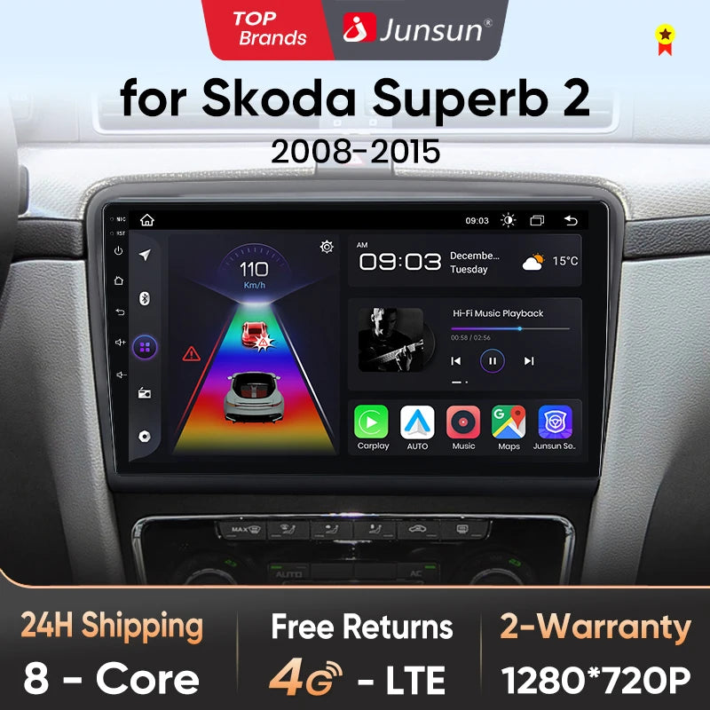 Radio Junsun V1 Plus para Skoda Superb 2 (2008-2015), inalámbrica, CarPlay, Android Auto, sistema inteligente, 2 DIN, DVD. 