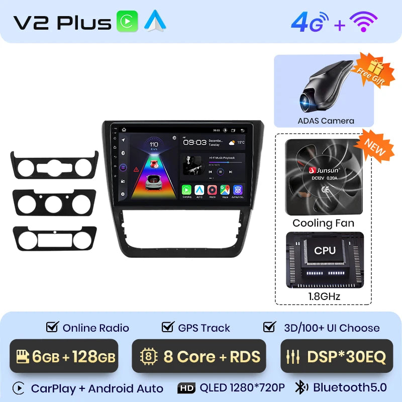 Radio Junsun V1 Plus para coche SKODA Yeti 5L 2009-2014 con CarPlay inalámbrico, Android Auto, sistema inteligente para coche, 2 DIN, DVD. 