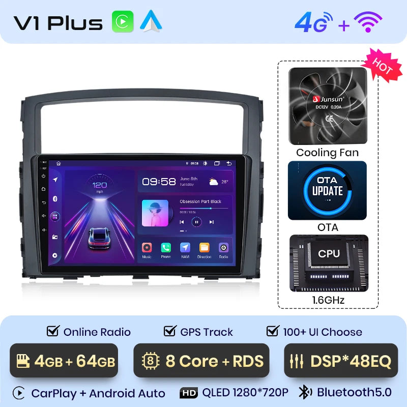 Radio Junsun V1 Plus para Mitsubishi Pajero 4 V80 V90 2006-2014 con CarPlay inalámbrico, Android Auto, 2 DIN, DVD. 