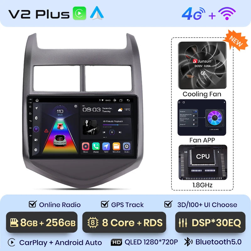Radio Junsun V1 Plus para Chevrolet Aveo 2 Sonic T300 2011-2015 con CarPlay inalámbrico, Android Auto, 2 DIN, DVD. 