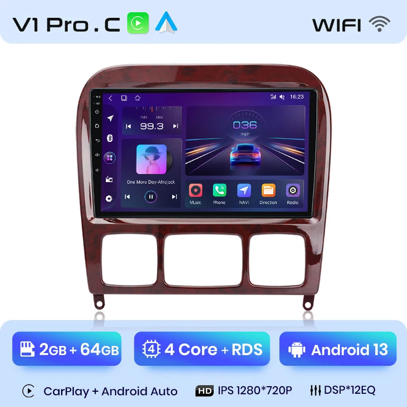 Radio Junsun V1 Plus para Mercedes Benz Clase S W220 1998-2005 con CarPlay inalámbrico, Android Auto, 2 DIN, DVD. 