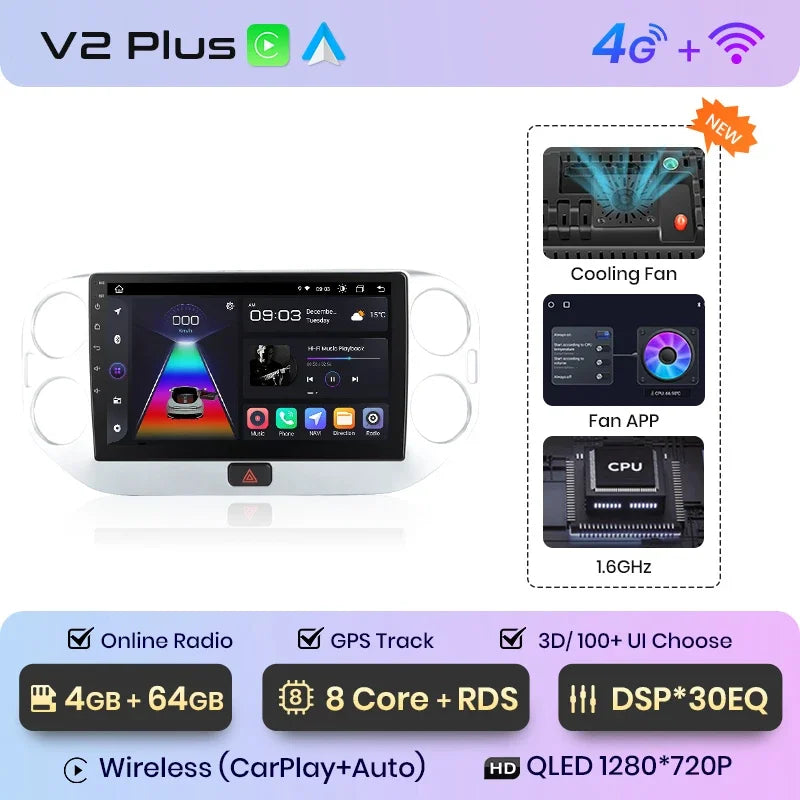 Junsun CarPlay inalámbrico Android Auto Radio para VOLKSWAGEN TIGUAN 2010 2011 2012-2017 Sistemas inteligentes para coche RDS BT WiFi 2 DIN 