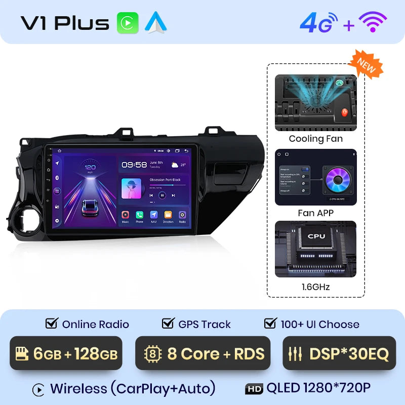 Radio Junsun V1 Plus para Toyota Hilux PickUp AN120 2015-2020 con CarPlay inalámbrico, Android Auto, 2 DIN, DVD. 