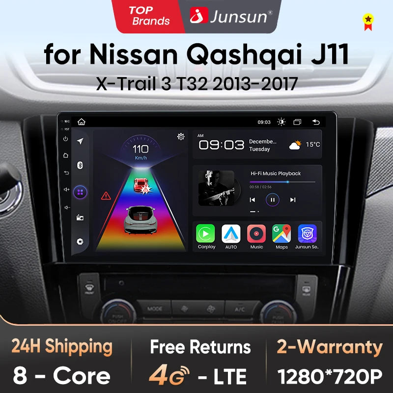 Junsun V1 - Radio inalámbrica con CarPlay y Android para Nissan Qashqai J11 X-Trail 3 T32 (2013-2017), GPS, 2DIN 