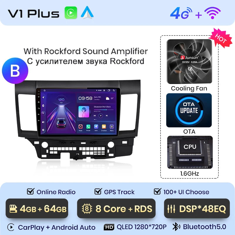 Radio Junsun para coche Mitsubishi Lancer 2007-2013 con CarPlay inalámbrico, Android Auto, sistema inteligente para coche, 2 DIN, DVD. 