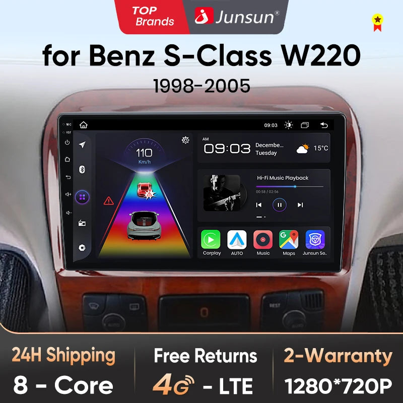 Radio Junsun V1 Plus para Mercedes Benz Clase S W220 1998-2005 con CarPlay inalámbrico, Android Auto, 2 DIN, DVD. 