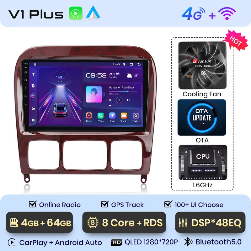 Junsun V1 Plus Car Radio For Mercedes Benz S-Class W220 1998 - 2005 wireless CarPlay Android Auto No 2 din 2din DVD