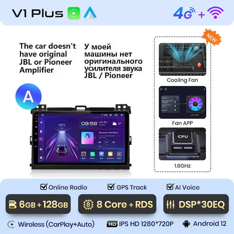 Junsun V1 Wireless CarPlay Android Auto Radio For Toyota Land Cruiser Prado 120 2004 - 2009 4G Car Multimedia GPS 2din autoradio
