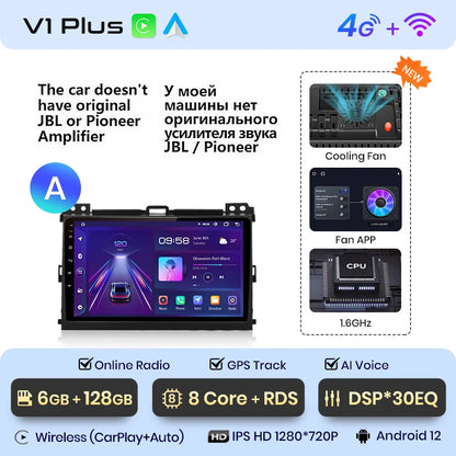 Junsun V1 Wireless CarPlay Android Auto Radio For Toyota Land Cruiser Prado 120 2004 - 2009 4G Car Multimedia GPS 2din autoradio