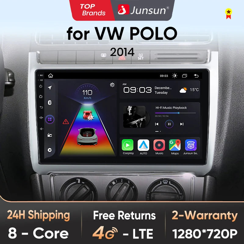 Junsun CarPlay inalámbrico Android Auto Radio para VOLKSWAGEN POLO 2014 Sistemas inteligentes para coche RDS BT WiFi 2 DIN 
