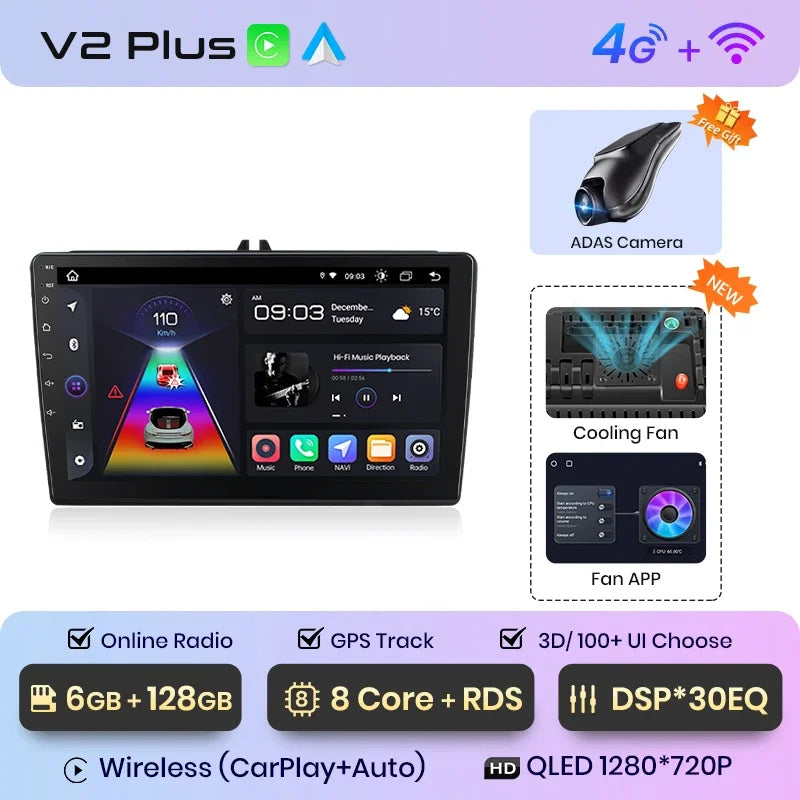 Junsun CarPlay inalámbrico Android Auto Radio para VW Tiguan Touran Caddy Passat Seat 2009 Sistemas inteligentes para coche RDS BT WiFi 2 DIN 