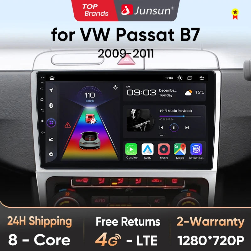 Radio multimedia Junsun con CarPlay inalámbrico y Android Auto para Passat B7 (2009-2011), GPS, sistemas inteligentes, autorradio inteligente. 