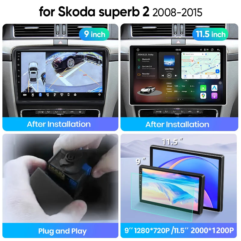 Junsun Wireless CarPlay Car Radio For Skoda Superb 2 2008 2009 2010 2011 2012 2013 2014 2015 Android Multimedia