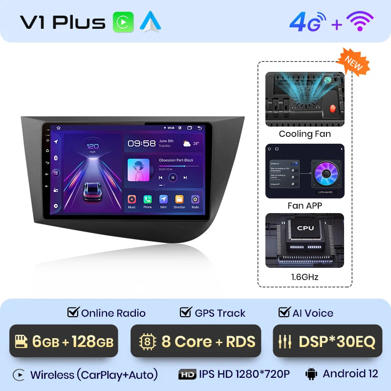 Junsun V1 Drahtloses CarPlay Android Auto Autoradio für Seat Leon MK2 2005-2012 GPS Auto Intelligente Systeme Smart Autoradio 