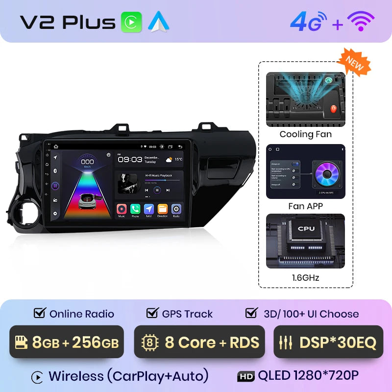 Radio Junsun V1 Plus para Toyota Hilux PickUp AN120 2015-2020 con CarPlay inalámbrico, Android Auto, 2 DIN, DVD. 