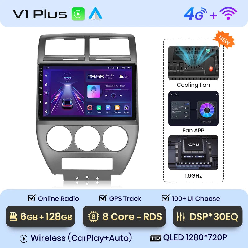 Junsun V1 AI Voice - Radio inalámbrica CarPlay Android para Jeep Compass 2007-2009, 4G, GPS, 2DIN 