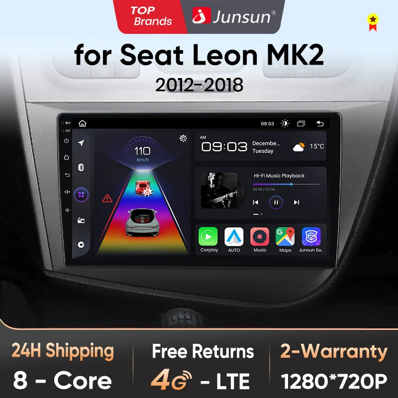 Radio de coche Junsun V1 con CarPlay inalámbrico y Android Auto para Seat Leon MK2 2005-2012 con GPS y sistemas inteligentes. 