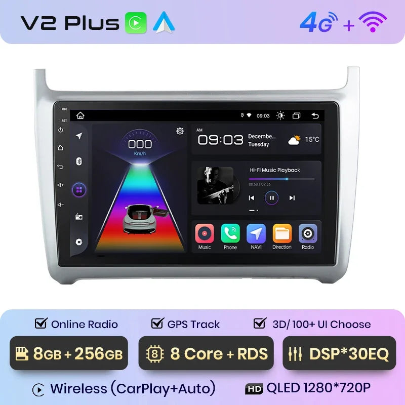 Junsun CarPlay inalámbrico Android Auto Radio para VOLKSWAGEN POLO 2014 Sistemas inteligentes para coche RDS BT WiFi 2 DIN 
