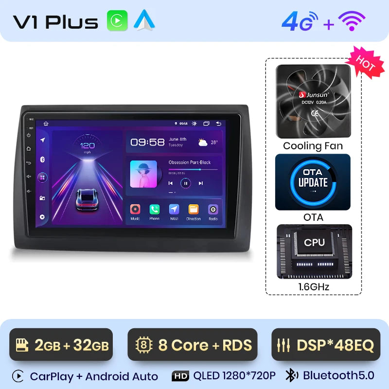 Radio Junsun V1 Plus para Fiat Stilo 2001-2010 con CarPlay inalámbrico, Android Auto, sistema inteligente para coche, 2 DIN, DVD. 