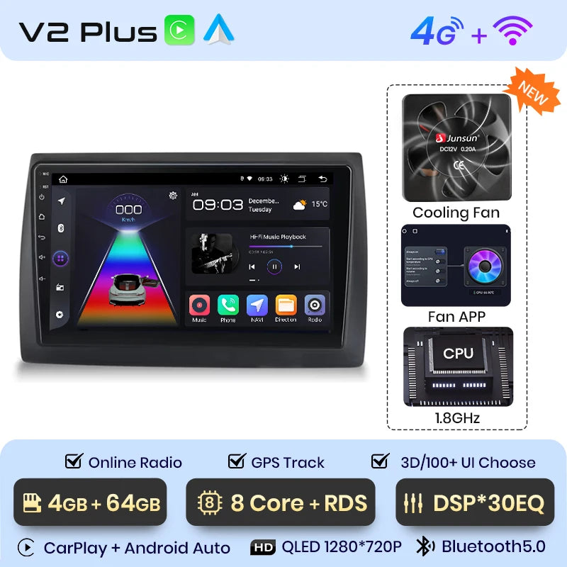 Junsun V1 Plus Autoradio für Fiat Stilo 2001–2010, kabelloses CarPlay, Android Auto, intelligente Autosysteme, keine 2 Din, 2 Din DVD 