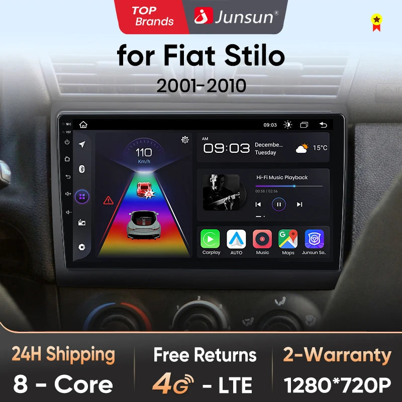 Junsun V1 Plus Autoradio für Fiat Stilo 2001–2010, kabelloses CarPlay, Android Auto, intelligente Autosysteme, keine 2 Din, 2 Din DVD 