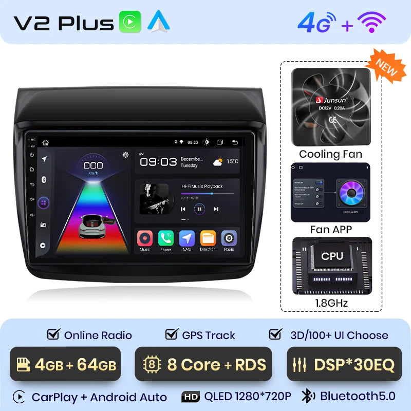 Radio Junsun V1 Plus para Mitsubishi Pajero Sport 2 L200 Triton 2008-2016 con CarPlay inalámbrico, Android Auto, 2 DIN, DVD. 