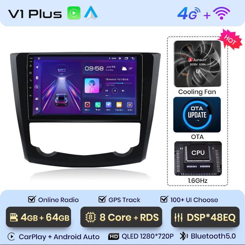 Radio Junsun V1 Plus para Renault Kadjar 2015-2019 con CarPlay inalámbrico, Android Auto, sistema inteligente, 2 DIN, DVD. 