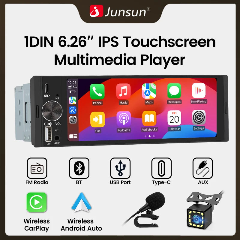 Junsun 1Din IPS 6.26/6.86 Inch Wireless Carplay Android Auto Car Radio Multimedia Video MP5 Player Touch Screen Universal Stereo