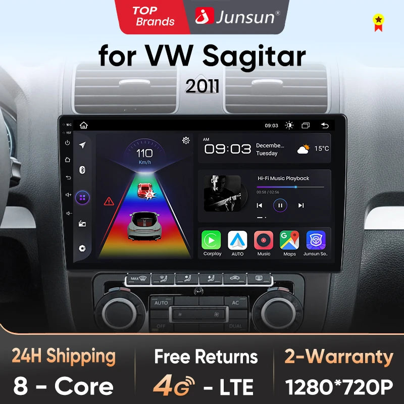 Radio de coche Junsun con CarPlay inalámbrico y Android Auto para VW Sagitar 2011 con GPS y sistemas inteligentes. 