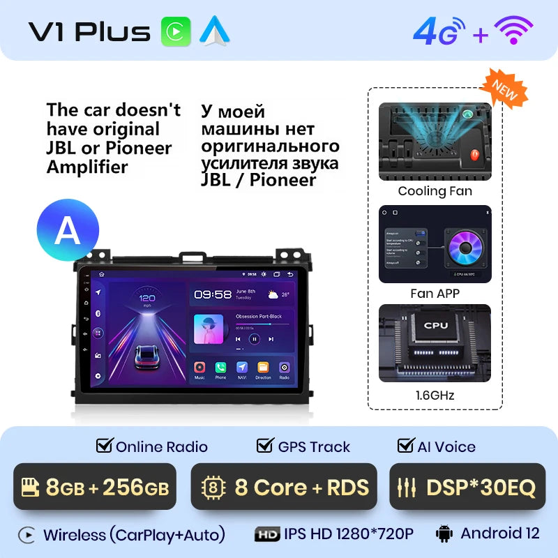 Junsun V1 Wireless CarPlay Android Auto Radio For Toyota Land Cruiser Prado 120 2004 - 2009 4G Car Multimedia GPS 2din autoradio