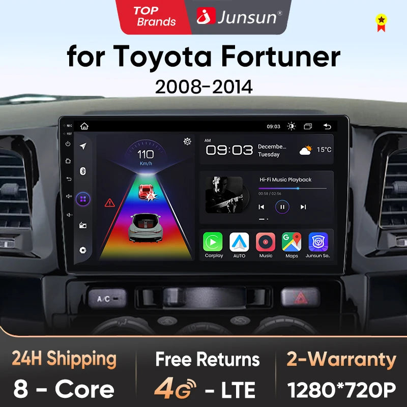 Radio Junsun V1 Plus para Toyota Fortuner, Hilux, Revo, Vigo (2007-2015), inalámbrica, CarPlay, Android Auto, 2 DIN, DVD. 